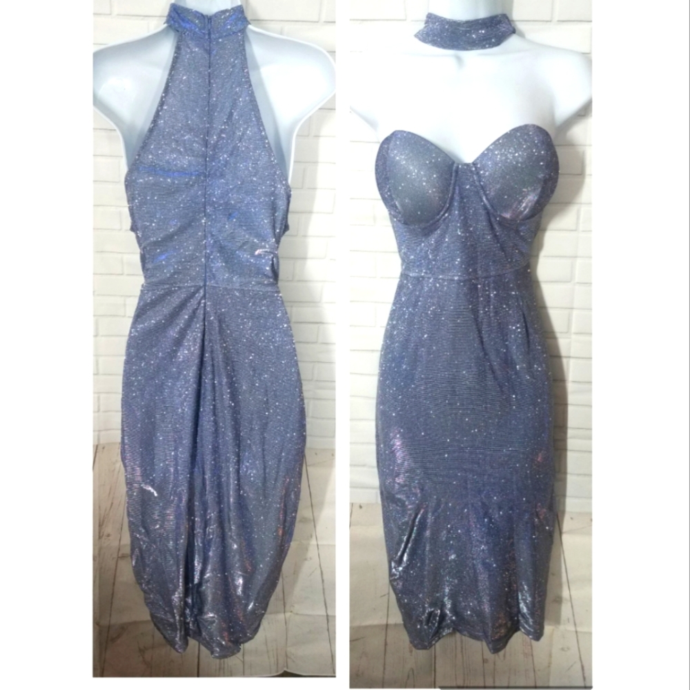 Ice Blue Glitter Sparkle Cocktail Party Dress